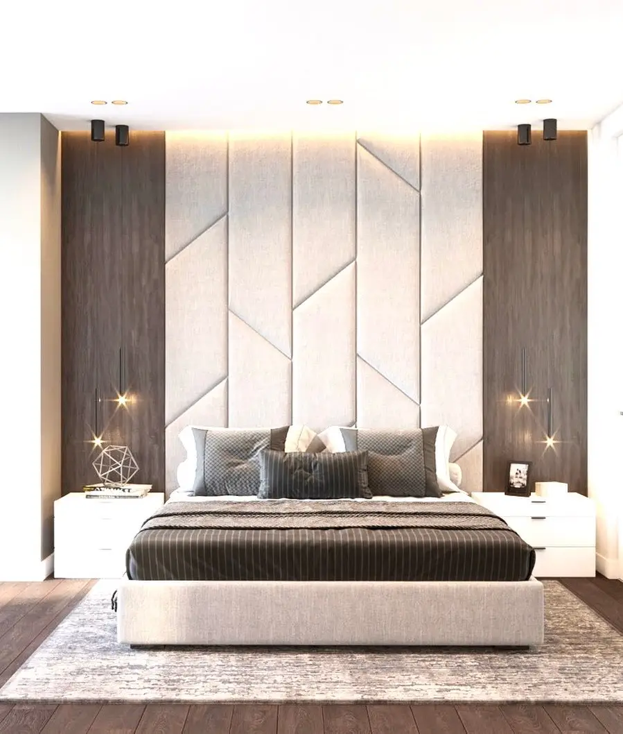 Modern wooden panel headboard with padded sections