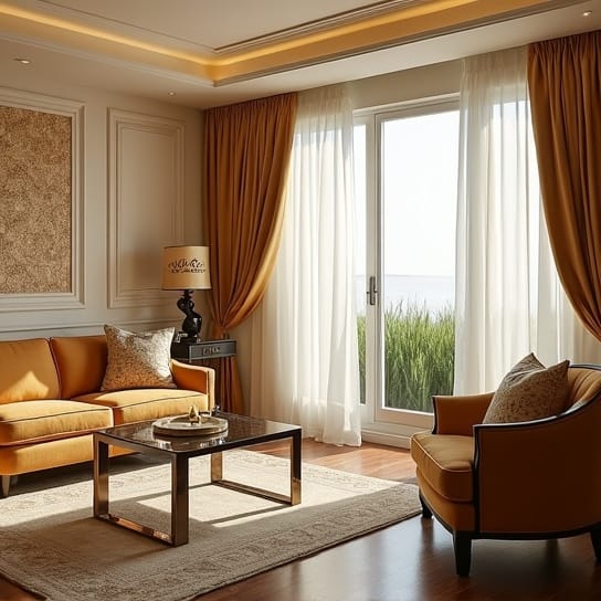 Elegant beige curtains with gold tassel tiebacks by Pune Decor