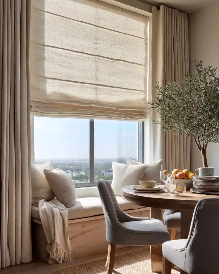 Roman blinds in soft fabric with clean folds