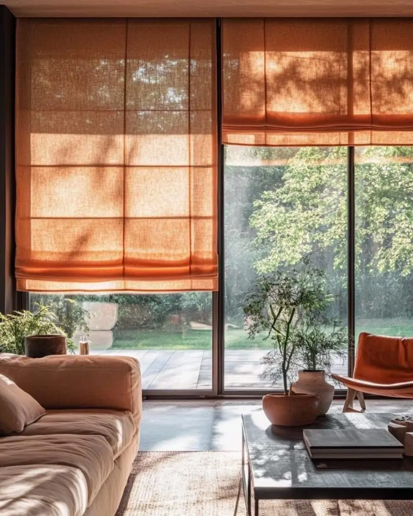 Roman blinds in soft fabric with clean folds