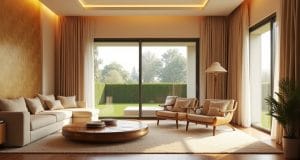 Elegant beige curtains with gold tassel tiebacks by Pune Decor