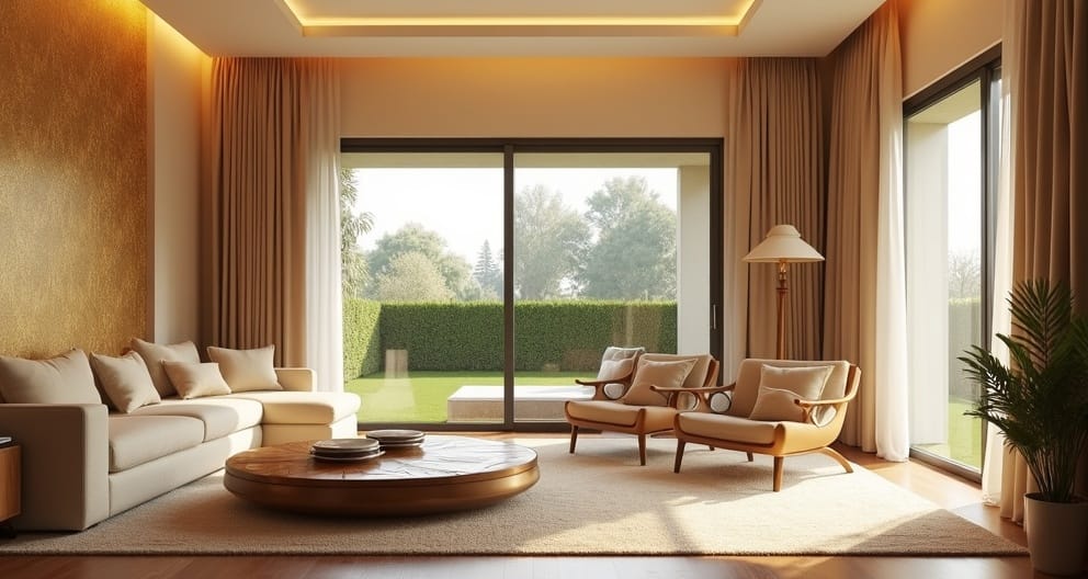 Elegant beige curtains with gold tassel tiebacks by Pune Decor