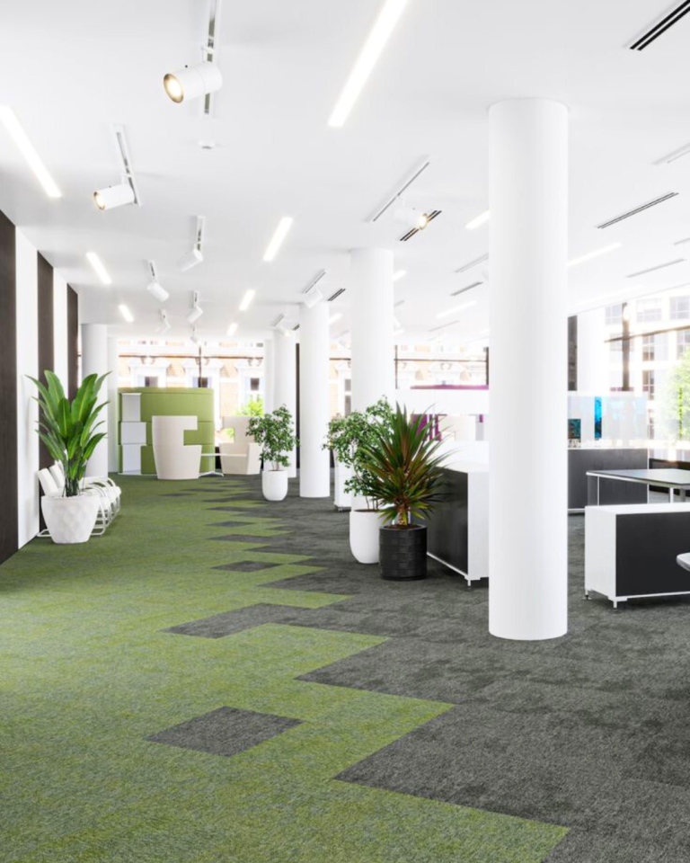Modern office carpet flooring in grey-green tones