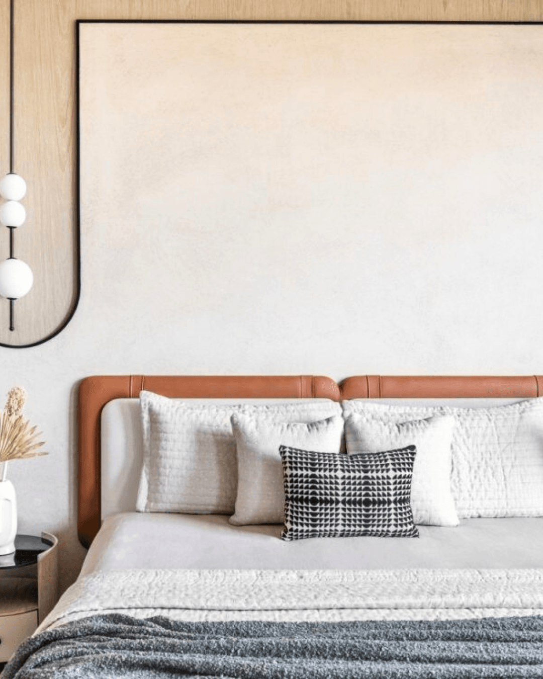Modern wooden panel headboard with padded sections