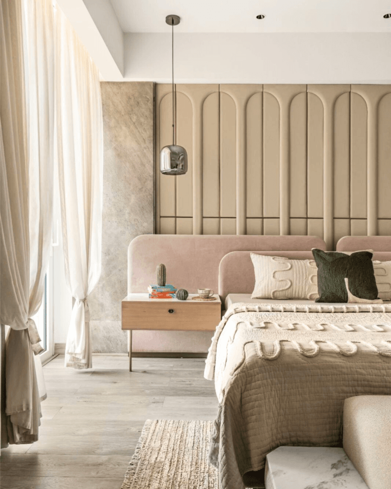 Contemporary storage headboard with built-in shelves