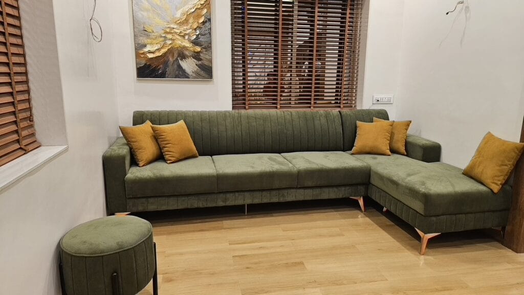 Luxury L-shaped sectional sofa in grey fabric upholstery