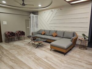 Luxury sofa with contrasting cushions in vibrant patterns